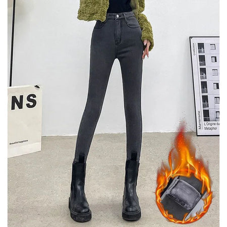 Winter Lady Thermal Plush Jeans Snow Warm Stretch Jeans Hot Sale High Waist Fleece Pants Female Straight Leg Denim Trousers
