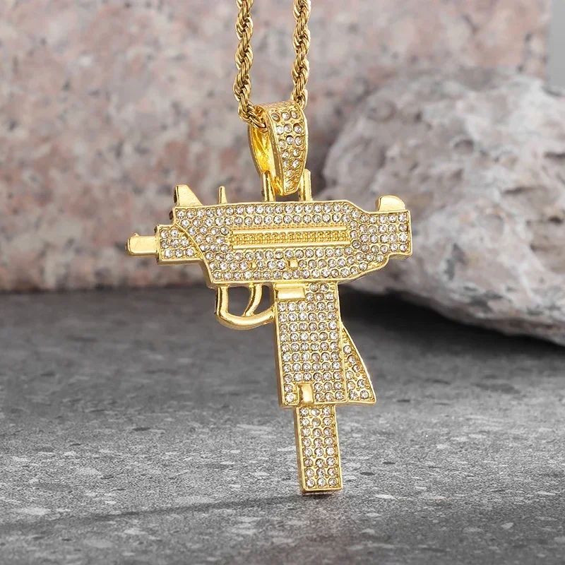 Bling Iced Out Pistol Pendant Submachine Gun Necklace Men Personality Hip Hop Rock Punk Cool Street Party Jewelry Gift