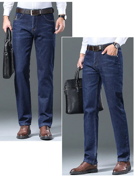 Men's Wool Velvet Jeans Winter Fleece Thickened Business Casual Straight Denim Pants Soft Cozy Thermal Stretch Trousers Male