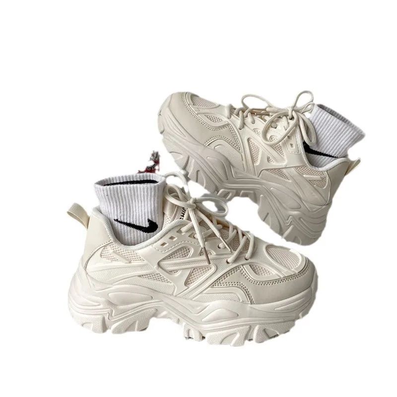 2024 New Women Fashion Platform Sport Shoes Women spring autumn Black Casual Chunky Sneakers Women Mesh Leather Platform Shoes