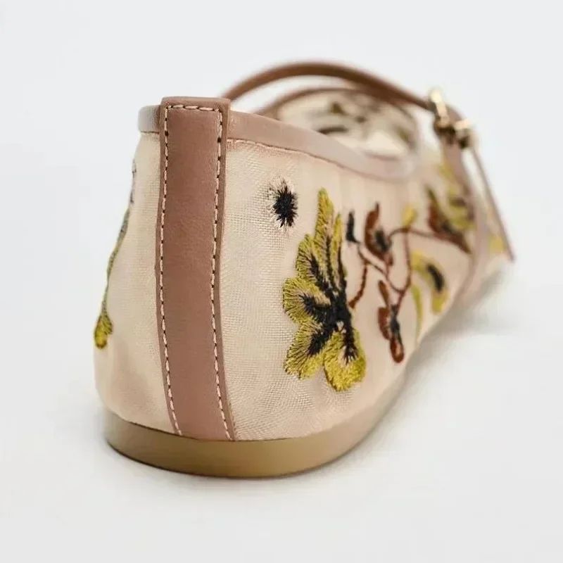 New Mesh Breathable Ballet Flats Women Luxury Designer Embroidered Flower Mary Jane Shoes Light Comfort Low Heeled Summer Flats