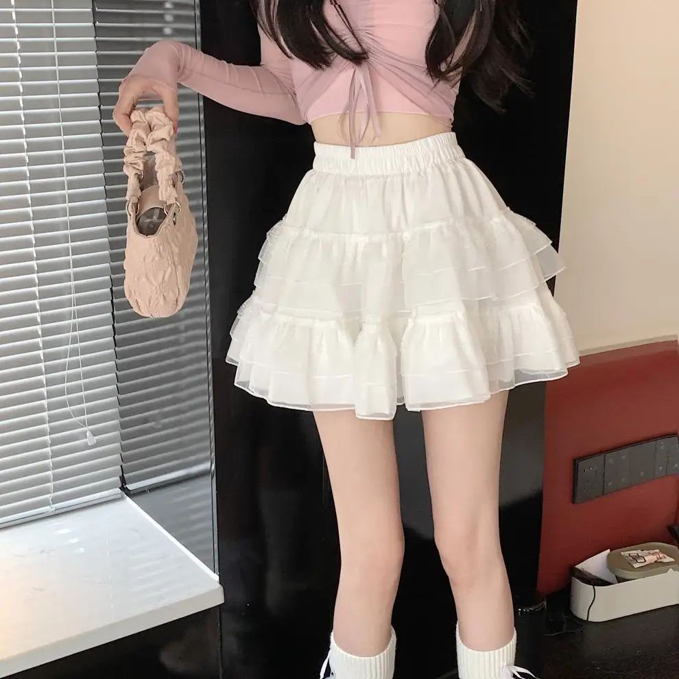 Plus Size New Style Pure Desire Aesthetic Mini Dress Net Yarn Fairy Puff Skirt High-Waisted Slimming Lace Cake A- Line Skirt ...