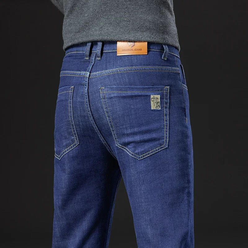 2025 New Classic  Men's Business Casual Velvet Jeans Winter Chinese Embroidery Straight Loose Warm Thick Pants