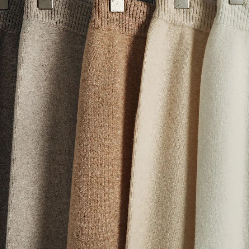 Spring Autumn Women High Waist Wool Wide Leg Pants Solid Soft Warm 100% Merino Wool Knitted Trousers Belt Casual Korean Fashion
