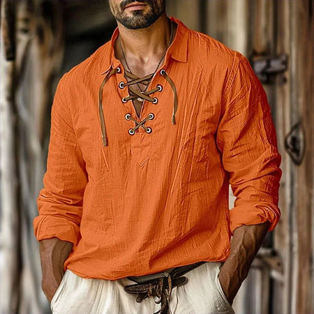 2025 Men's Renaissance Shirt Pirate Medieval Viking Top Cotton Linen Shirts Casual Fashion V-neck Tie Up Long-sleeved Shirt