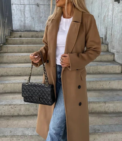 CPSYMYM Winter Coat for Women  Autumn Double Breasted Simple Solid Lapel Long Sleeved Split Long Woolen Cloth Jacket Coa