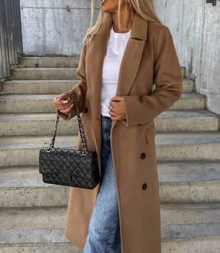 CPSYMYM Winter Coat for Women  Autumn Double Breasted Simple Solid Lapel Long Sleeved Split Long Woolen Cloth Jacket Coa