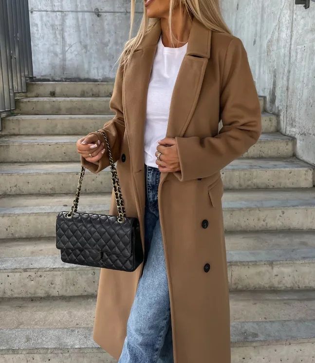 CPSYMYM Winter Coat for Women  Autumn Double Breasted Simple Solid Lapel Long Sleeved Split Long Woolen Cloth Jacket Coa