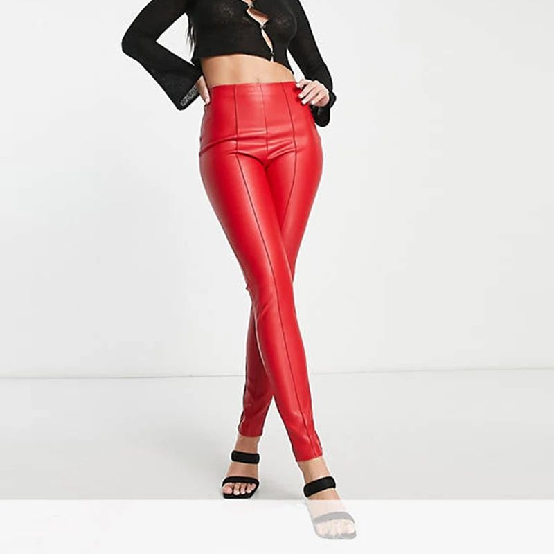Casual England Style PU Faux Leather Leggings Women Elastic Mid Waist Leather Pencil Pants PU Trousers Fashion Slim Custom