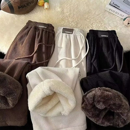 Velvet high waisted wide leg pants women winter new streetwear thickened lambskin corduroy pants lazy joggers women casual pants
