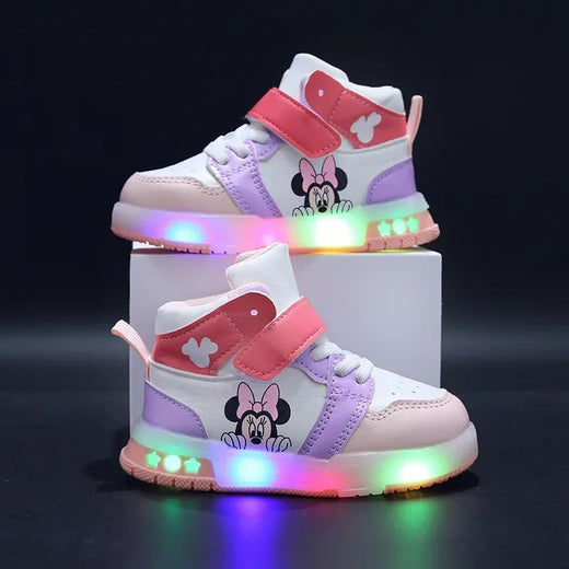 2024 Disney Children's Led Light Shoes Fashion Mickey Mouse Boys Sneakers Girls Cartton Casual Shoes Breathable Kids Sport Shoes