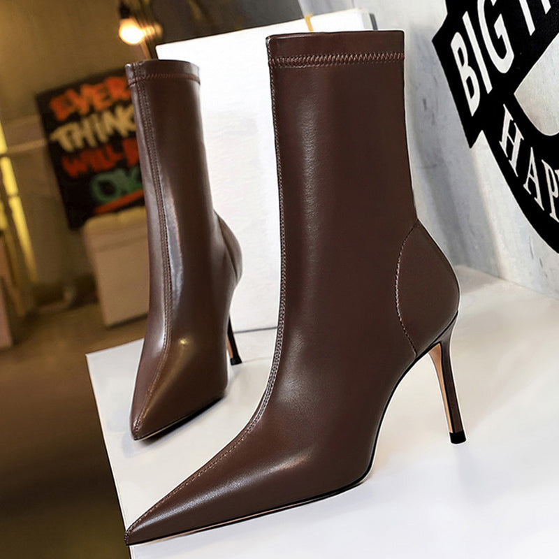 Women 7.5cm 10cm High Heels Leather Boots Lady Low Heels Short Ankle Boots Stripper Winter Warm Snow Plush Pointed Toe Shoes