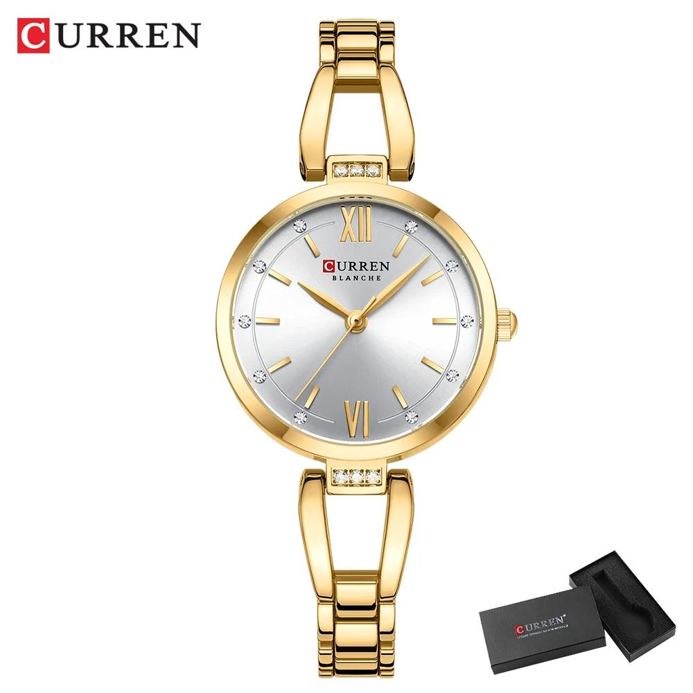 CURREN Luxury Elegance Ladies Watch with Sparkling Rhinestones Simple Quartz Stainless Steel Bracelet Wristwatch