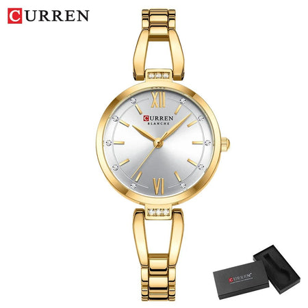 CURREN Luxury Elegance Ladies Watch with Sparkling Rhinestones Simple Quartz Stainless Steel Bracelet Wristwatch