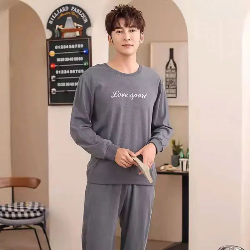 Cotton Pajamas Men Spring and Fall Long-Sleeved Long Pants Korean Version of the Loose Homewear Solid Sleepwear Loungewear Large