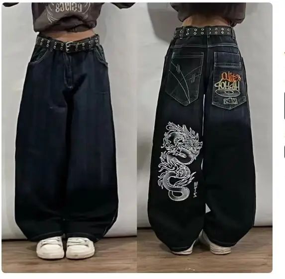 Y2K American New Trend Hip-hop Gothic Embroidered Jeans Men's Street Harajuku Leisure Loose Straight Wide-leg Pants Unisex Jeans