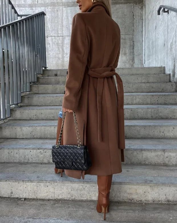 CPSYMYM Winter Coat for Women  Autumn Double Breasted Simple Solid Lapel Long Sleeved Split Long Woolen Cloth Jacket Coa