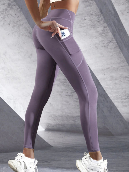 New High Waist Women's Leggings Stretch Yoga Pants Tights With Pockets Push Up Fitness Running Sportswear Solid Color Pants