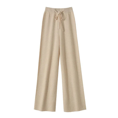 Spring Autumn Women High Waist Wool Wide Leg Pants Solid Soft Warm 100% Merino Wool Knitted Trousers Belt Casual Korean Fashion