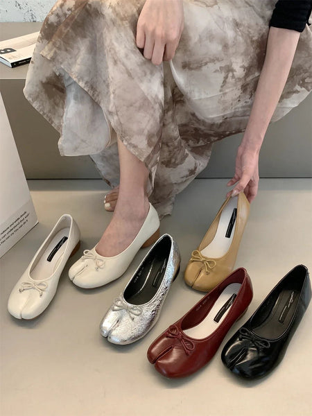 Tabi Shoes Ballet Falts Leather Ballerina Shoes For Women Split Toe Flats Tabi Shoes Slip On Soft Bottom Moccasins with Bowknot