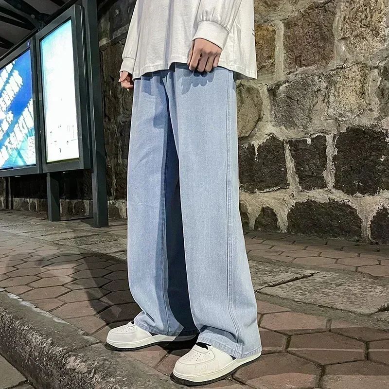 Men Straight Leg Blue Gray Loose Y2K Drawstring Jeans Streetwear Casual Wide Denim Pants Male Baggy Stylish Harajuku Trousers