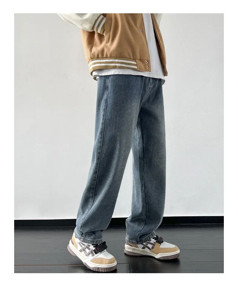 4 Colors Winter Fleece Men's Jeans Baggy Straight Elastic Waist Denim Pants Fashion Korean Thickened Warm Male Thermal Trousers