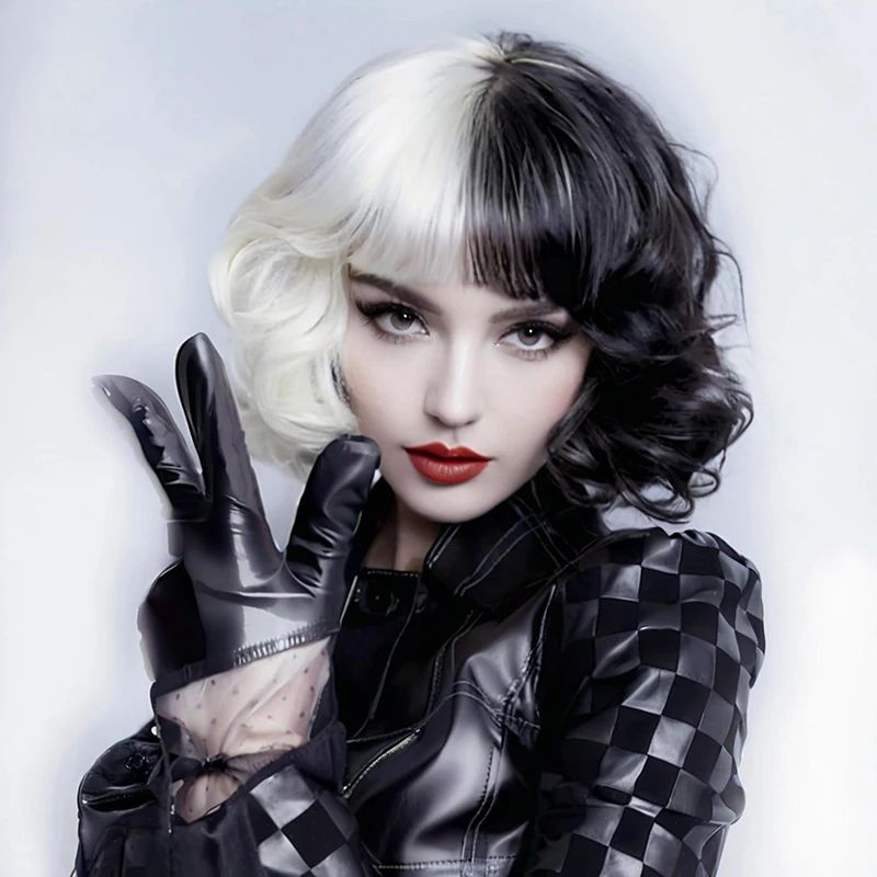 Half-Black And Half-White Cruella Cosplay Synthetic Hair 12-Inch Short Curly Hair Halloween Daily Party With Bangs Wig