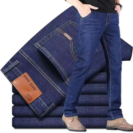 2025 Autumn Classic Men's Fitted Stretch Jeans Business Casual Cotton Denim Straight Leg Pants Male Black Blue Trousers