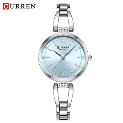 CURREN Luxury Elegance Ladies Watch with Sparkling Rhinestones Simple Quartz Stainless Steel Bracelet Wristwatch