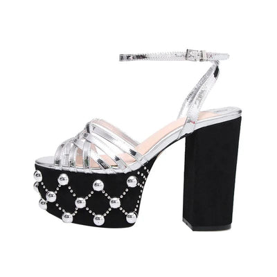 Luxury Brand Women's Summer Fashion Metal Platform Sandals Large 34-42 Super High Heel Thick Bottom Rivet Party Women's Shoes