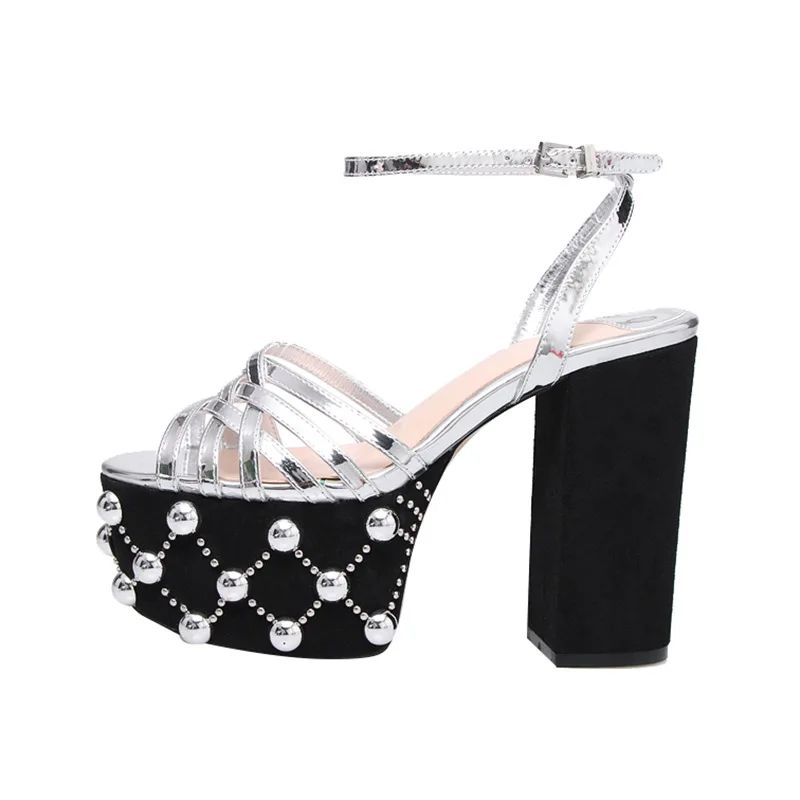 Luxury Brand Women's Summer Fashion Metal Platform Sandals Large 34-42 Super High Heel Thick Bottom Rivet Party Women's Shoes