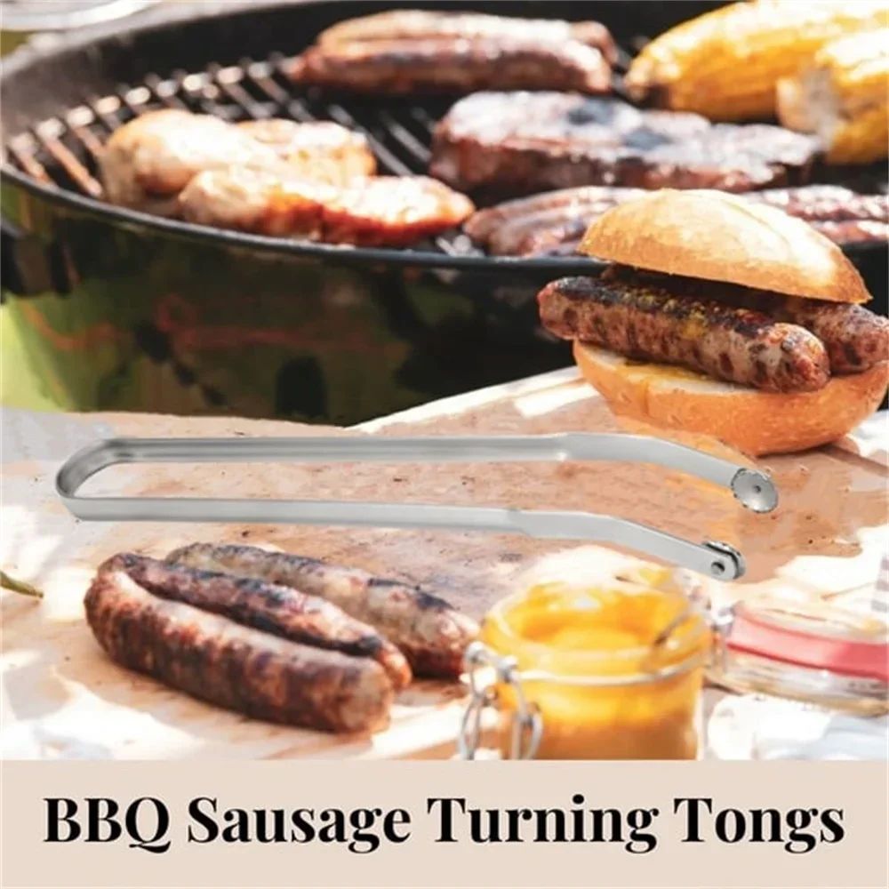 BBQ Sausage Turning Tongs Stainless Steel Nonstick Sausage Tongs Cookware Long Handle Kitchen Tong for Turning Barbecue Utensils