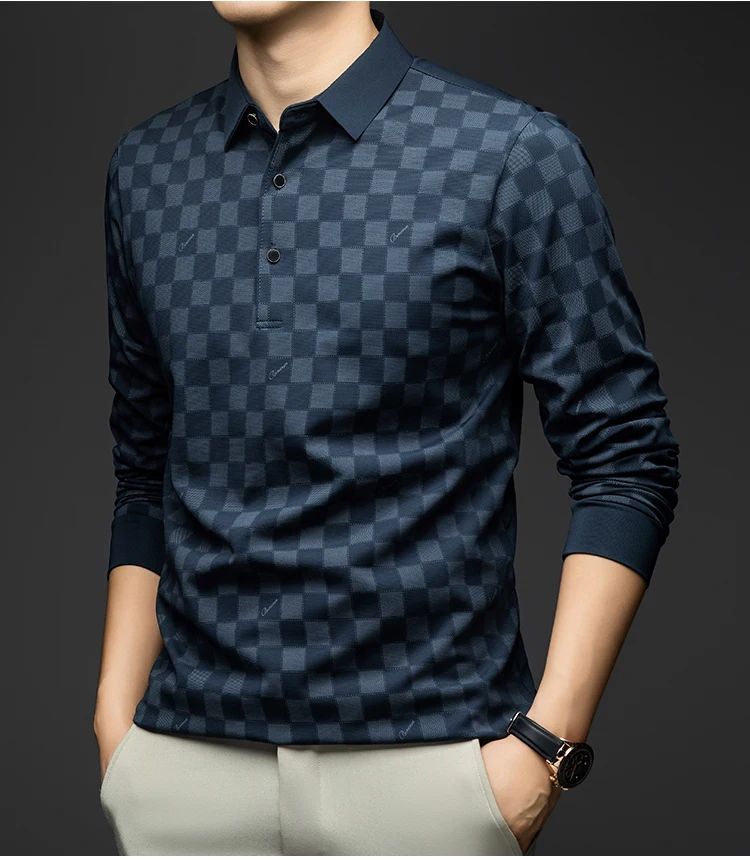 BROWON Polo Shirts for Man Autumn Business Slim Fit Long Sleeve T Shirt Men 2025 New Casual Loose Pullover Plaid Men Tops & Tees