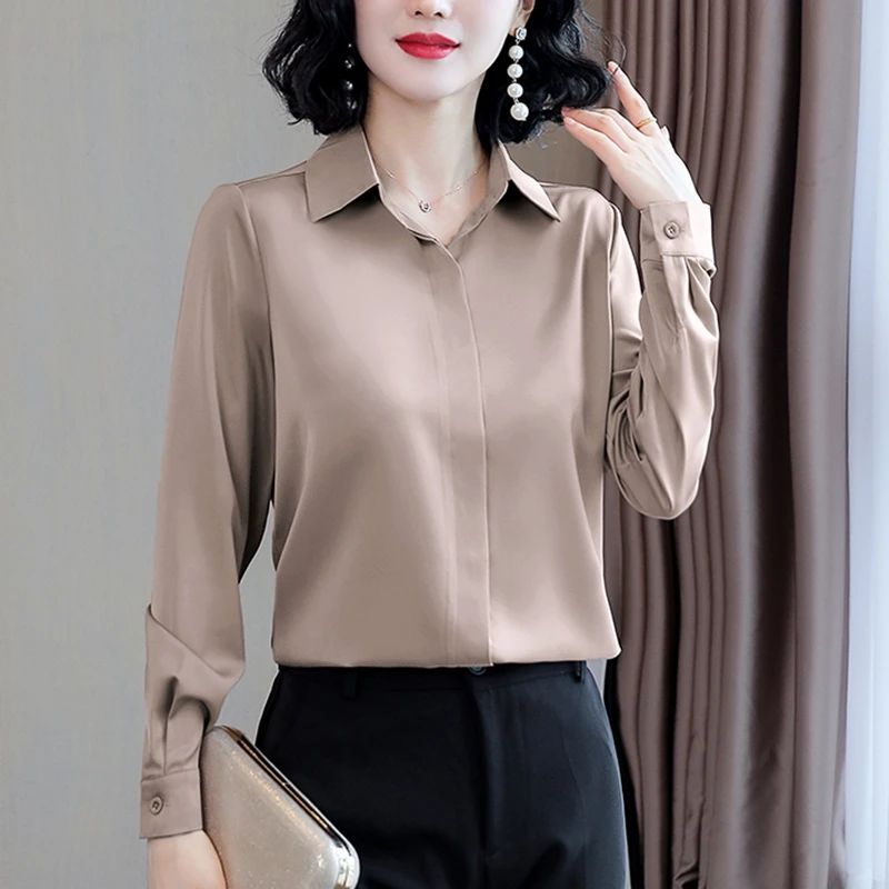 Women Silk Office Shirt 2025 Fashion Long Sleeve Casual Female Tops Elegant Ladies Vintage White Satin Blouses Shirts Oversized
