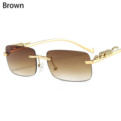 Rimless Square Sunglasses Women Men Luxury Brand Designer Popular Travel Driving Metal Leopard Head Sun Glasses Shade Eyewear