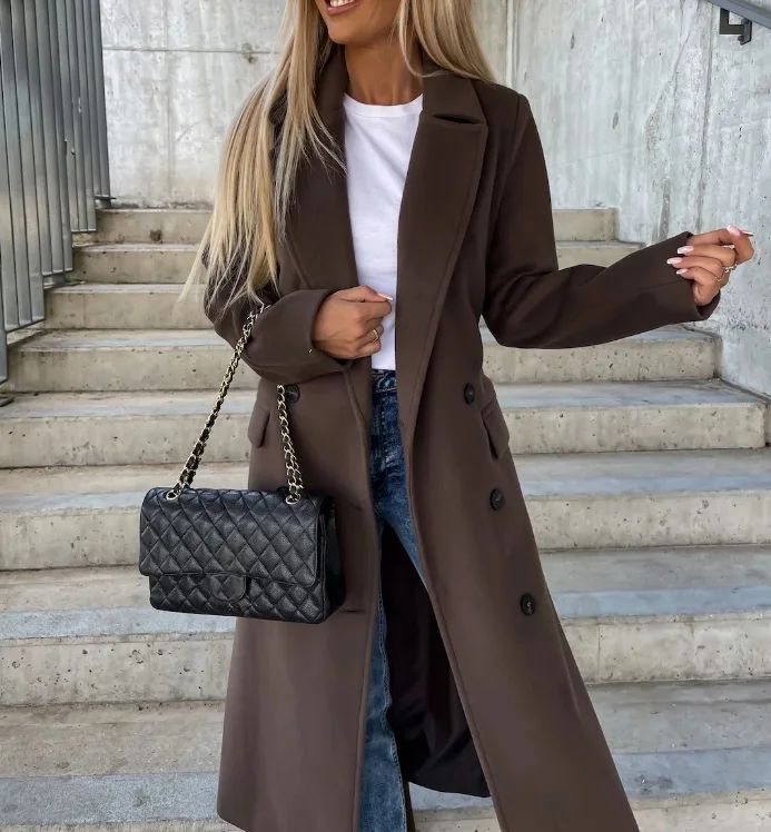 CPSYMYM Winter Coat for Women  Autumn Double Breasted Simple Solid Lapel Long Sleeved Split Long Woolen Cloth Jacket Coa