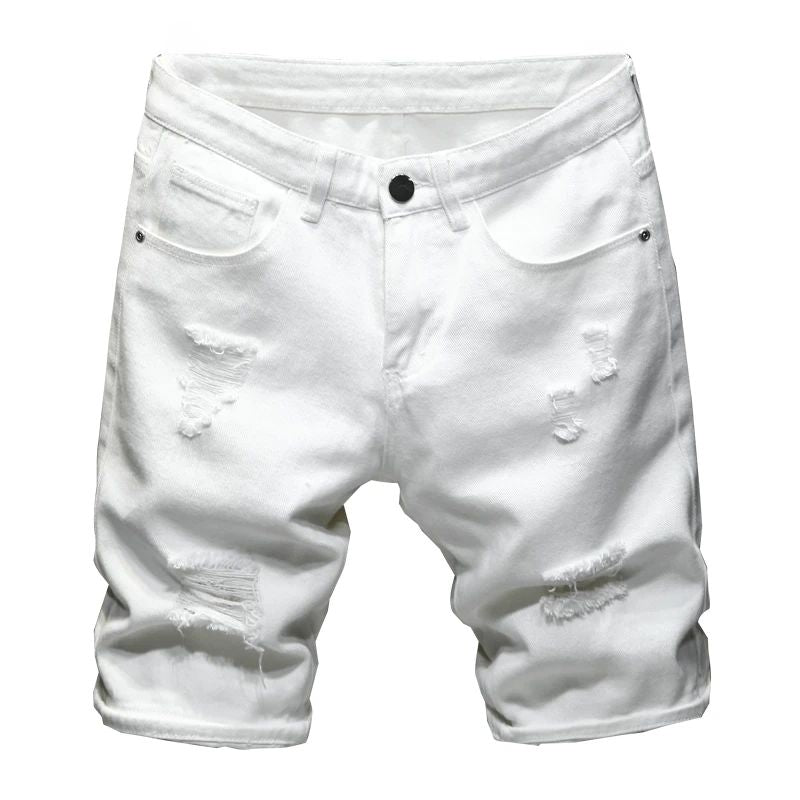 Streetwear Ripped White Denim Shorts Men New Fashion Knee Length Jeans Simple Casual Slim Hole Short Pants Male