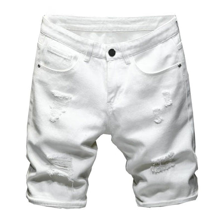 Streetwear Ripped White Denim Shorts Men New Fashion Knee Length Jeans Simple Casual Slim Hole Short Pants Male