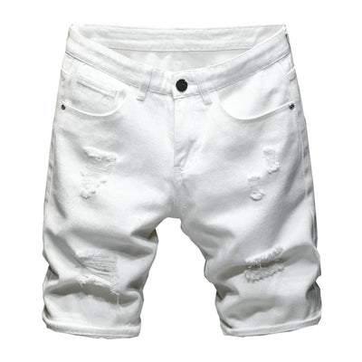 Streetwear Ripped White Denim Shorts Men New Fashion Knee Length Jeans Simple Casual Slim Hole Short Pants Male