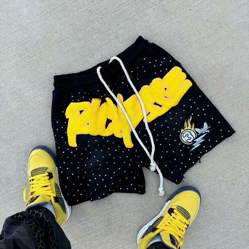 Y2K Harajuku Men's Shorts Rhinestone Letter-printed Sweatpants Fashion Quick-drying and Downhill Casual Motorcycle Shorts