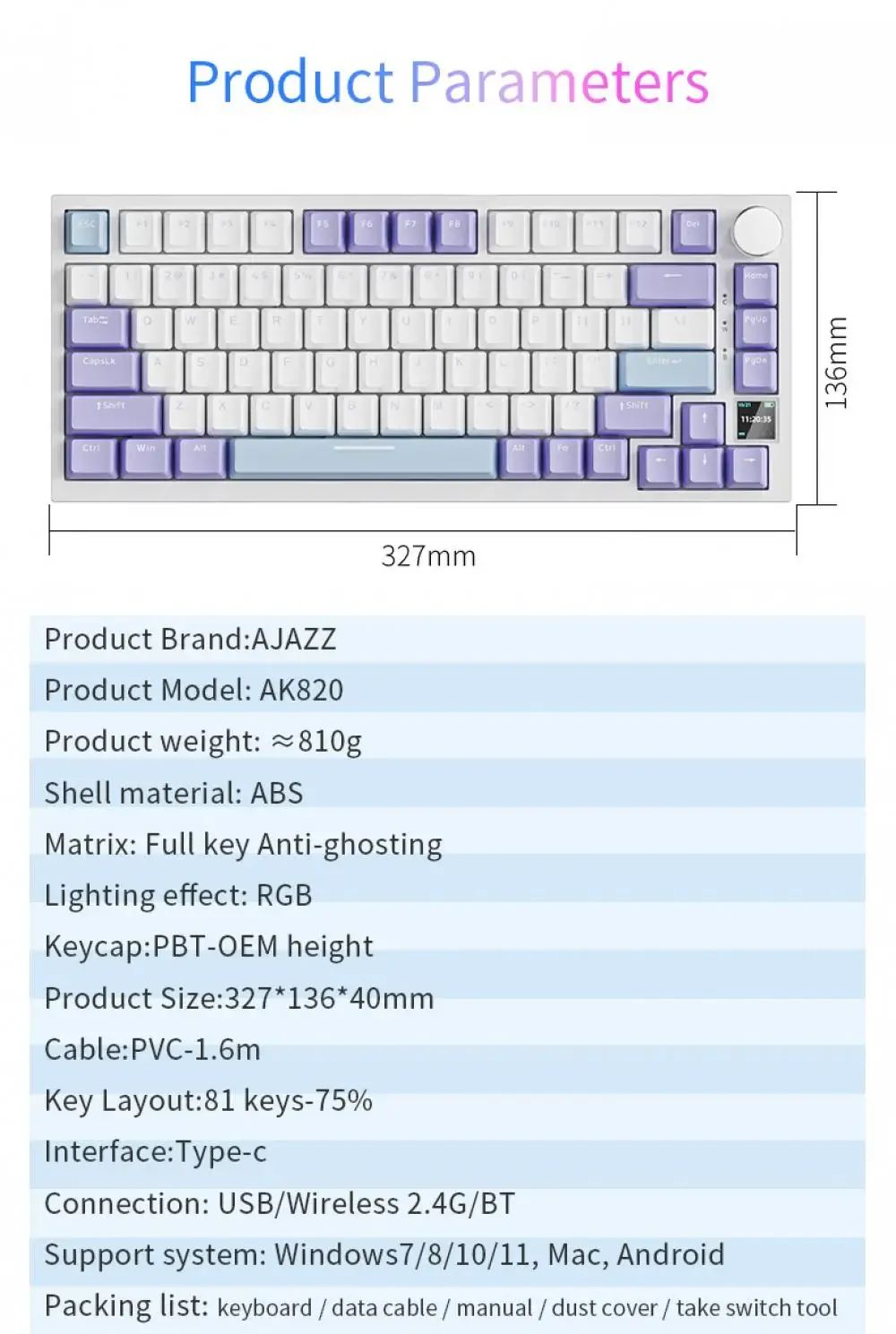 Ajazz Ak820 Mechanical Keyboard Wired USB 75% White Light Gasket Full Key Hot Swap Esports Gaming Keyboard Custom for Pc Laptop