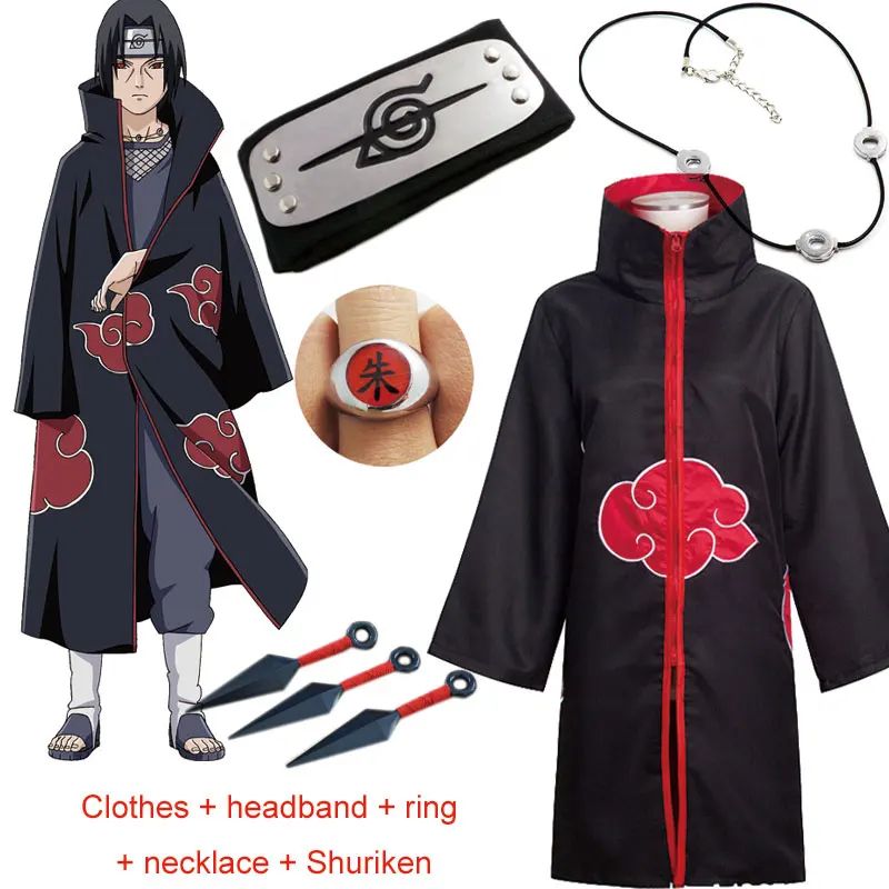 Kakashi Cosplay Costume Akatsuki Cloak Uchiha Itachi Sharingan Headband Necklace Ring Kunai Pain Halloween Costume for Men Kids