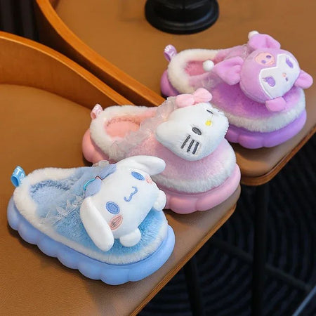 Winter Warm Cute Cartoon Indoor Mule Soft Non-slip Fluffy Slippers For Kids Teen Boys Girls Children Home Cotton Shoes Size 24-4