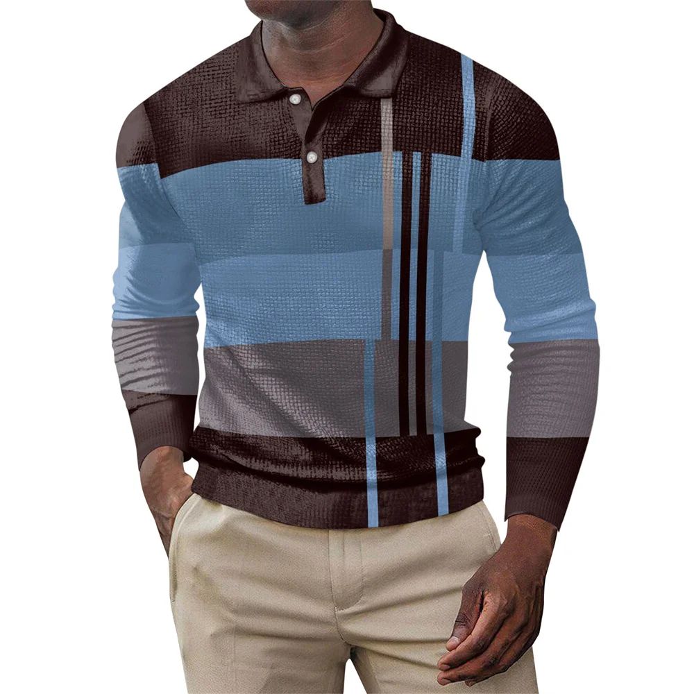 2025 autumn men's polo shirt long sleeved stand up collar patchwork printed top fashionable street casual T-shirt men's shirt