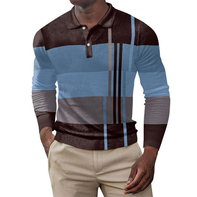 2025 autumn men's polo shirt long sleeved stand up collar patchwork printed top fashionable street casual T-shirt men's shirt