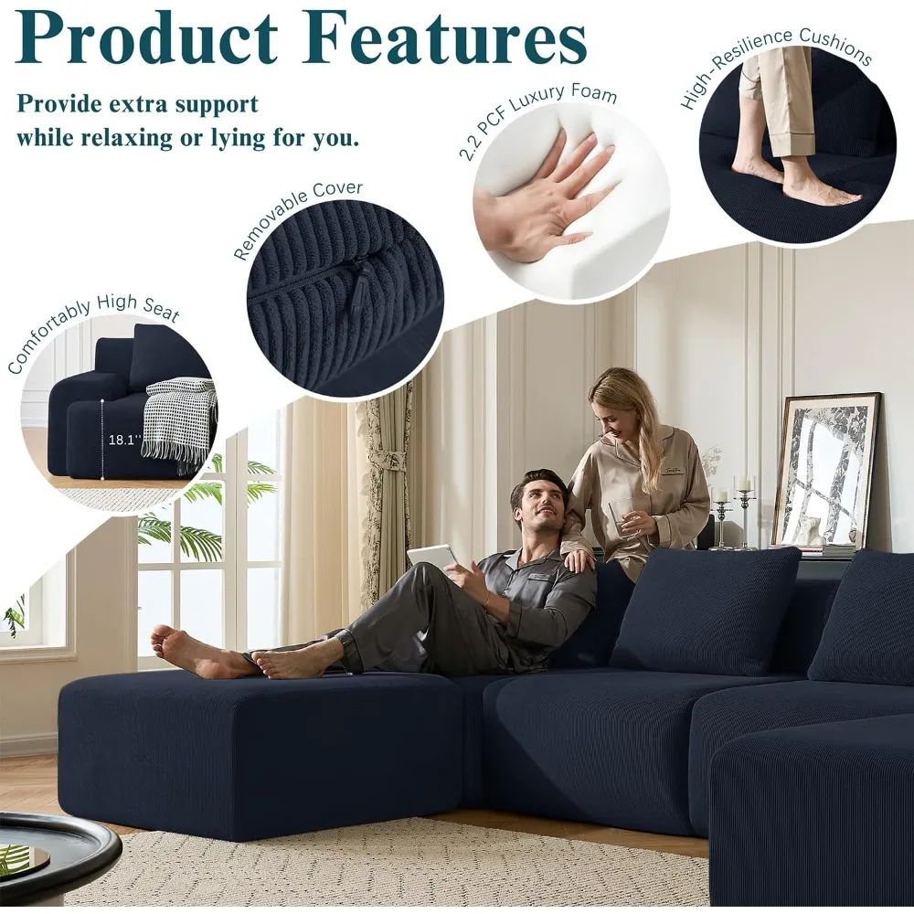 Oversized U-Shaped Corduroy Sectional Sofa Set with 2 Ottomans Deep Seat Boneless Comfortable Living Room Couch