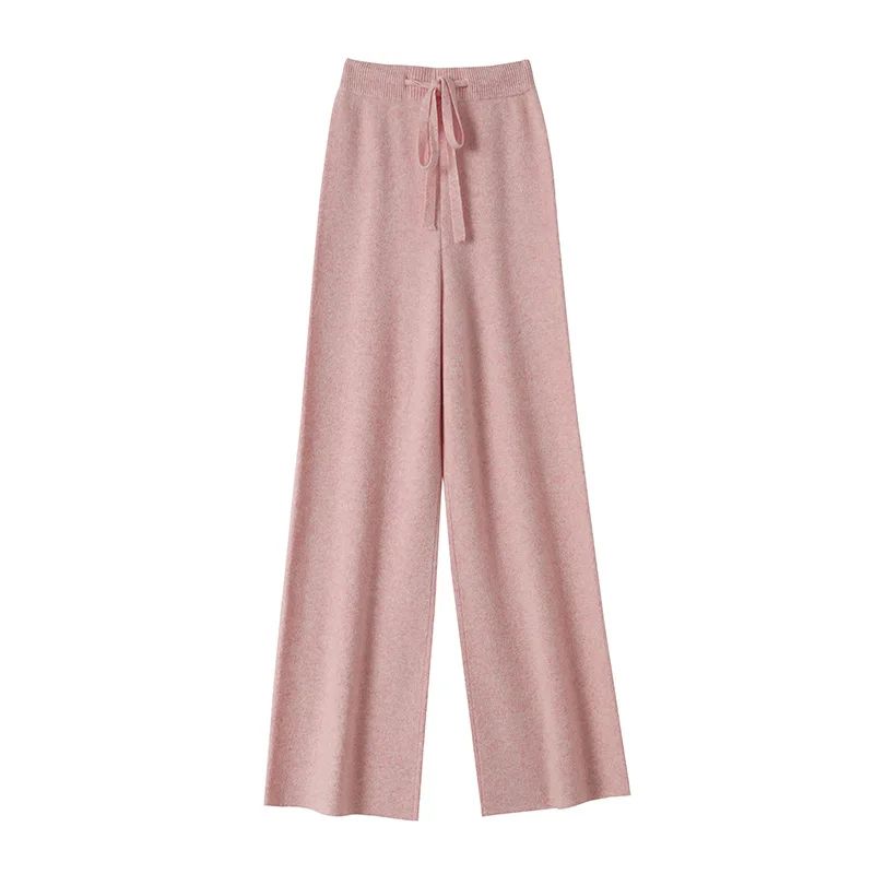 Spring Autumn Women High Waist Wool Wide Leg Pants Solid Soft Warm 100% Merino Wool Knitted Trousers Belt Casual Korean Fashion
