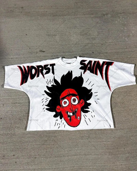 American Hip-hop Anime Print Oversized T-shirt Men Retro Trendy Streetwear Top Pure Cotton Round Neck Casual Loose Short Sleeves