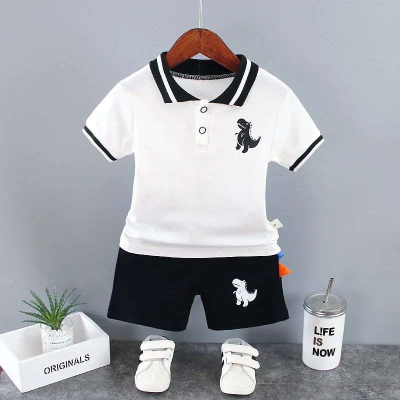 Summer Kids Outfits Baby Boys Clothes Set Dinosaur Printed Turn-down Collar T-Shirts Tops+ Shorts 2PCS/Suit Infant Clothing Sets