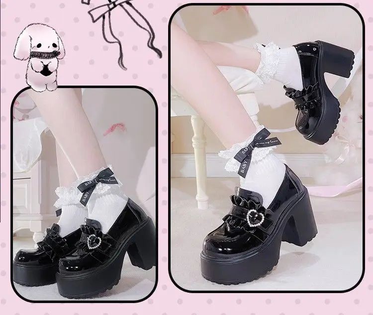 2025 Summer Sweet Bow Mary Janes: Women's Lolita Thick-soled Shoes, Block Heel, High Heel, Sweet-cool Style Leather Shoes